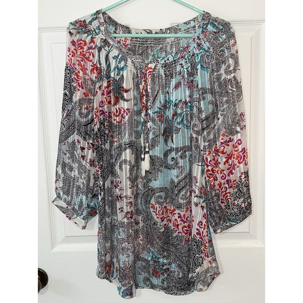 Daniel‎ Rainn Peasant Sheer Top Blouse Plus Size 1X Tropical Floral 3/4 Sleeve